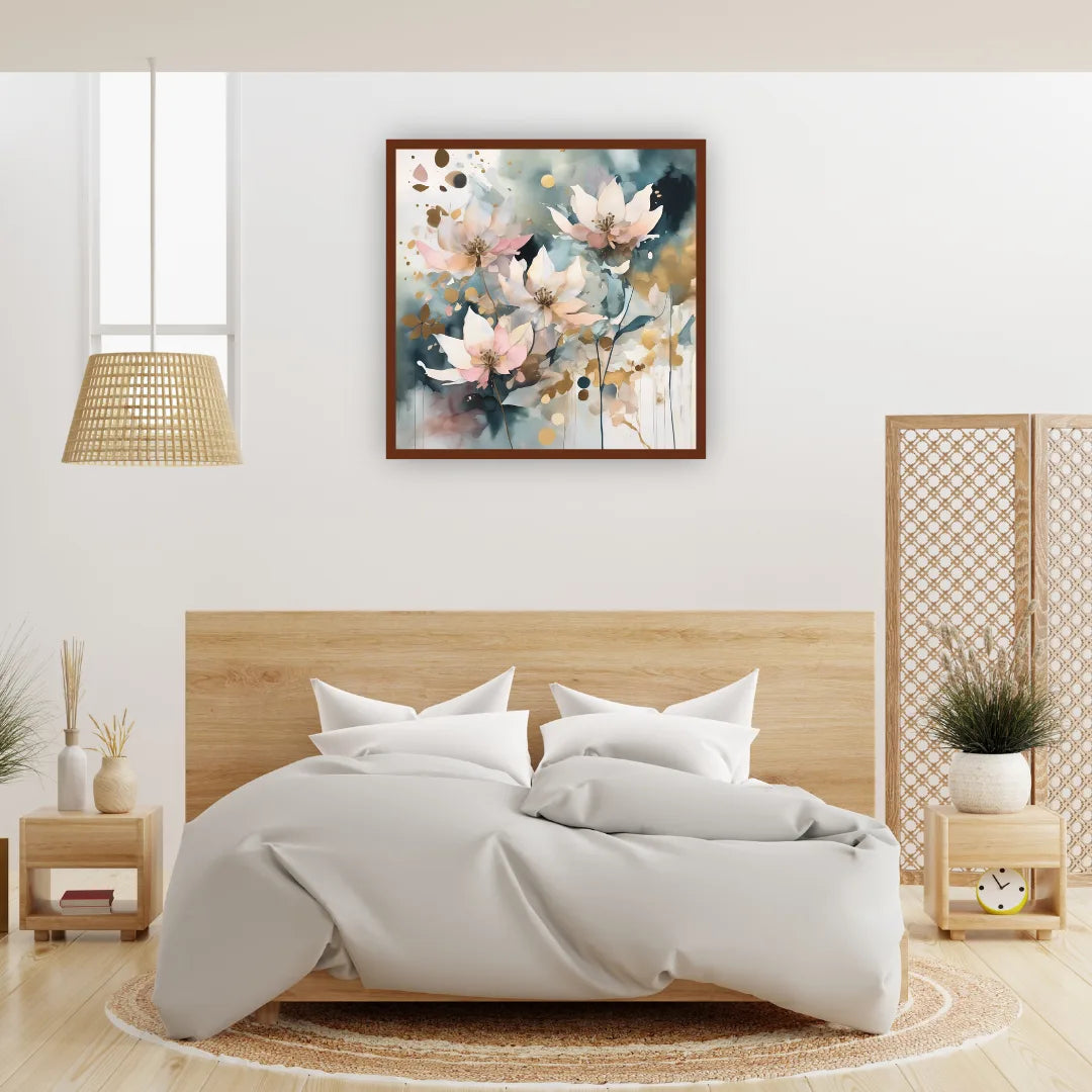 Pastel floral wall art used as bedroom wall decor above bed
