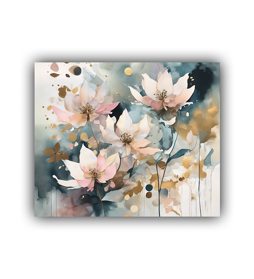 Close-up view of pastel floral wall art painting in square frame
