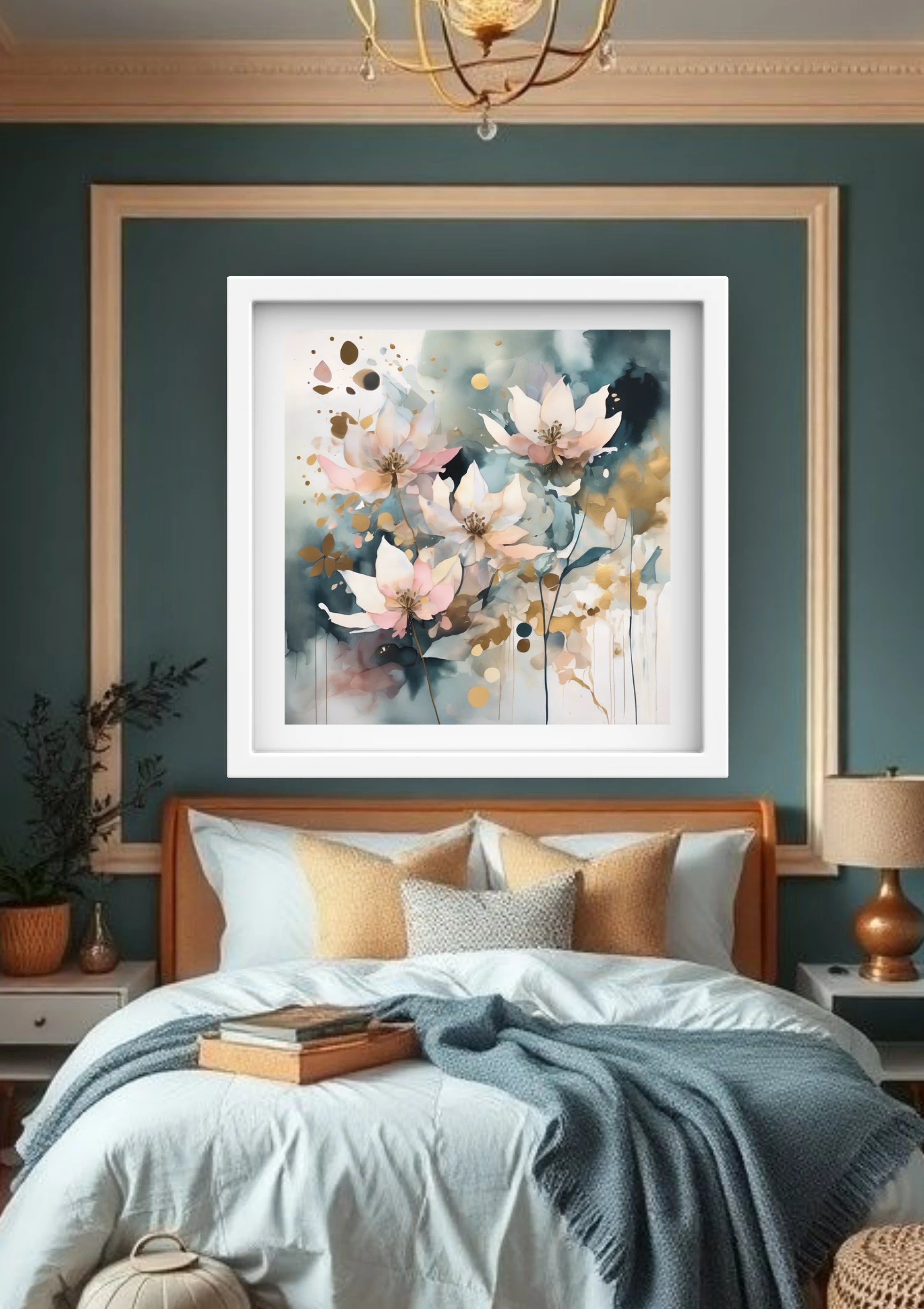 Luxury bedroom interior decorated with pastel floral wall art painting
