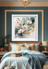 Luxury bedroom interior decorated with pastel floral wall art painting
