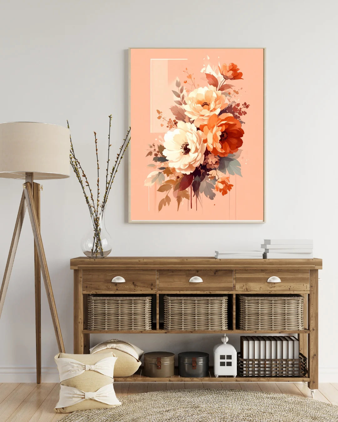 Peach floral wall art canvas displayed above a wooden console table in a modern interior
