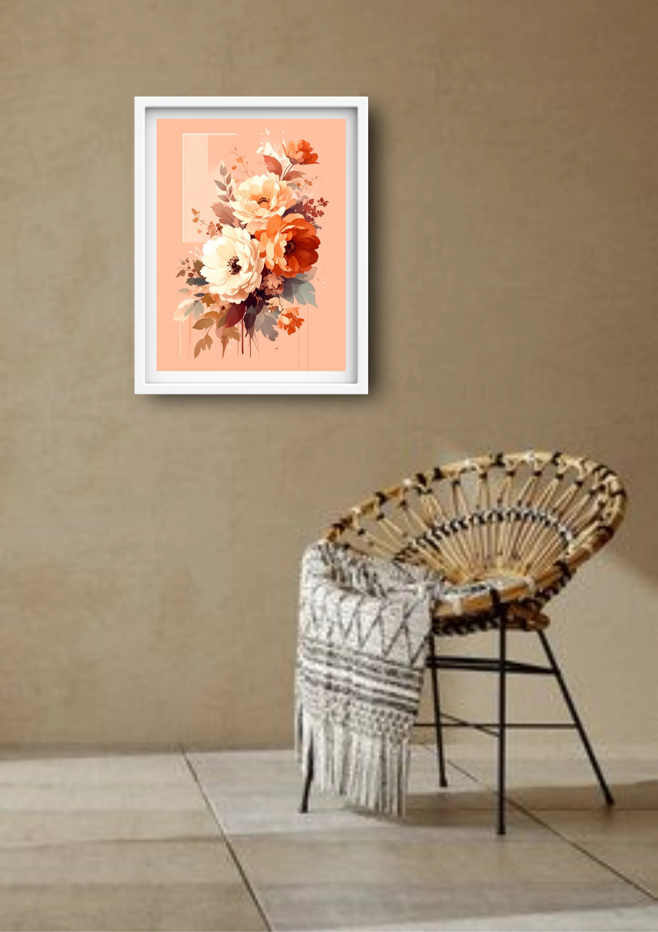 Cozy room decorated with peach floral wall art canvas above a chair
