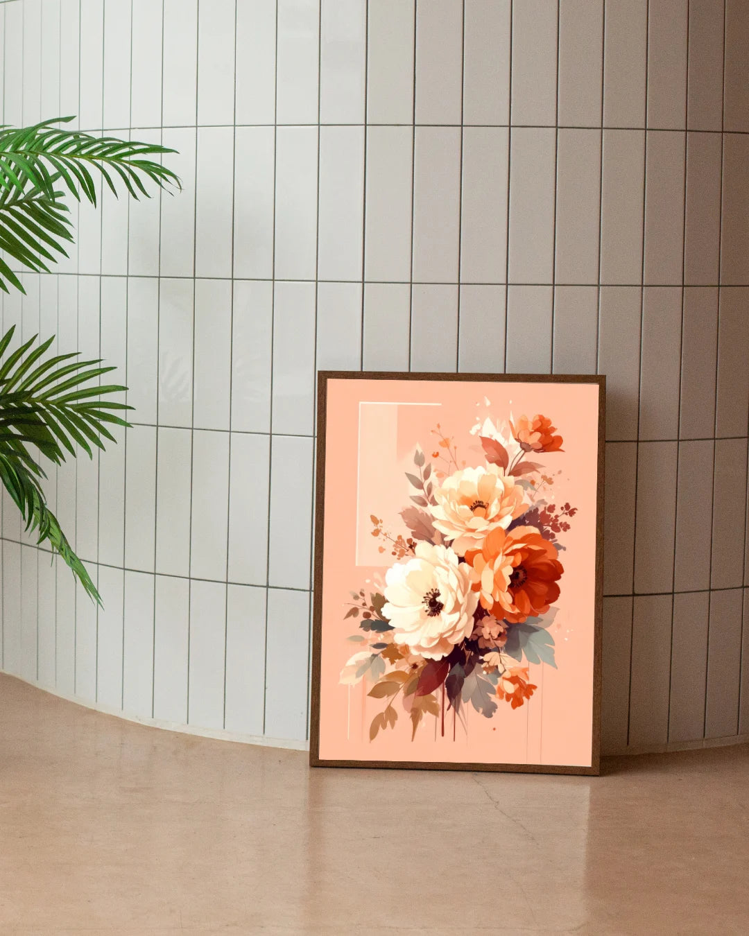 Peach floral wall art canvas displayed on the floor against a tiled wall
