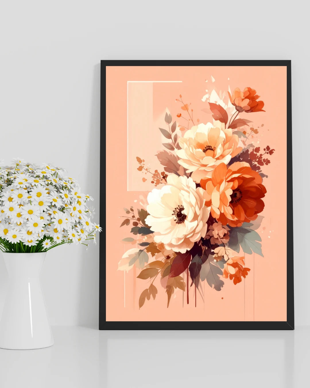 Peach floral wall art canvas displayed in a minimal white interior with soft lighting
