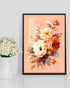 Peach floral wall art canvas displayed in a minimal white interior with soft lighting
