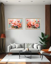 pink and peach floral painting displayed above sofa in modern home