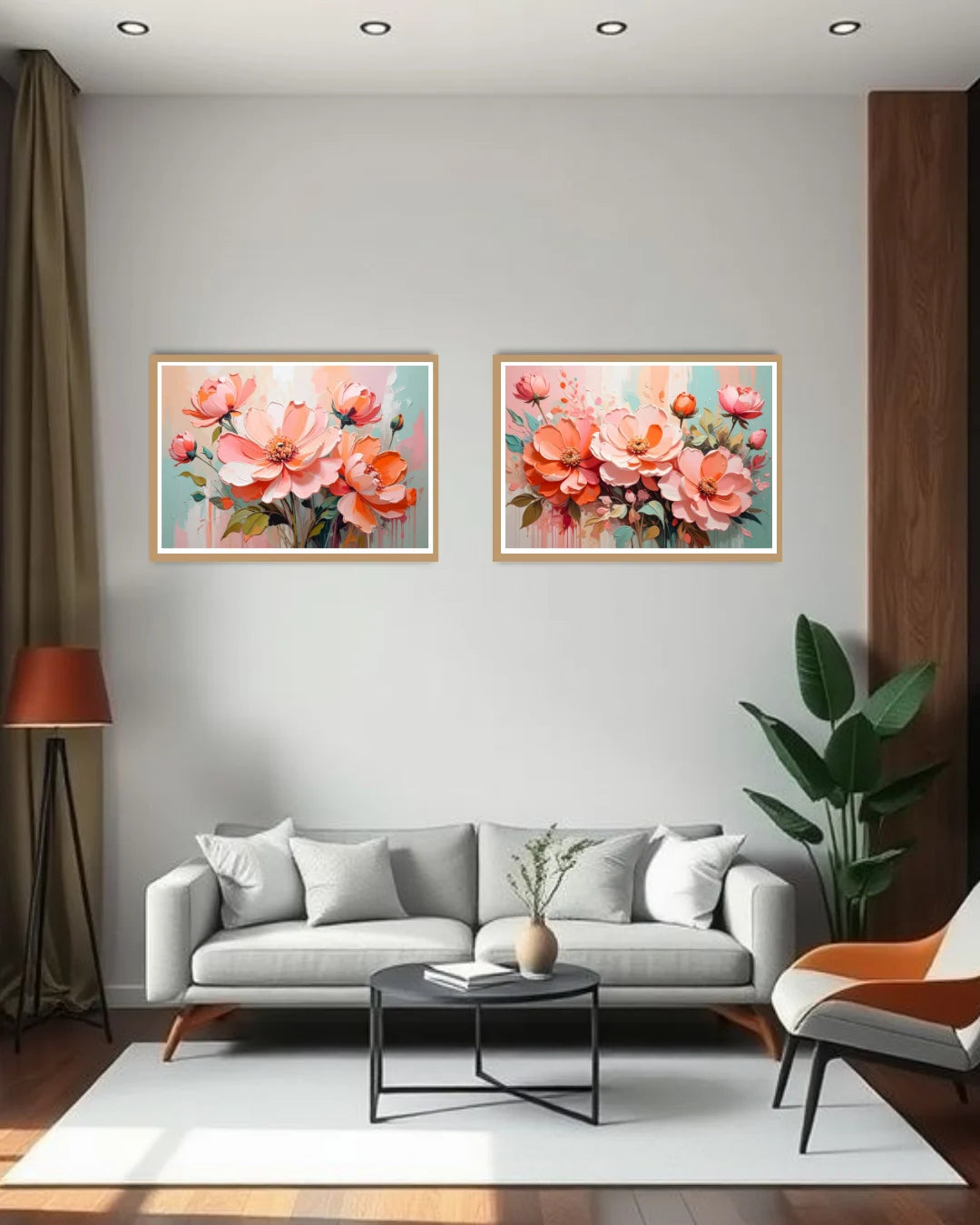 pink and peach floral painting displayed above sofa in modern home