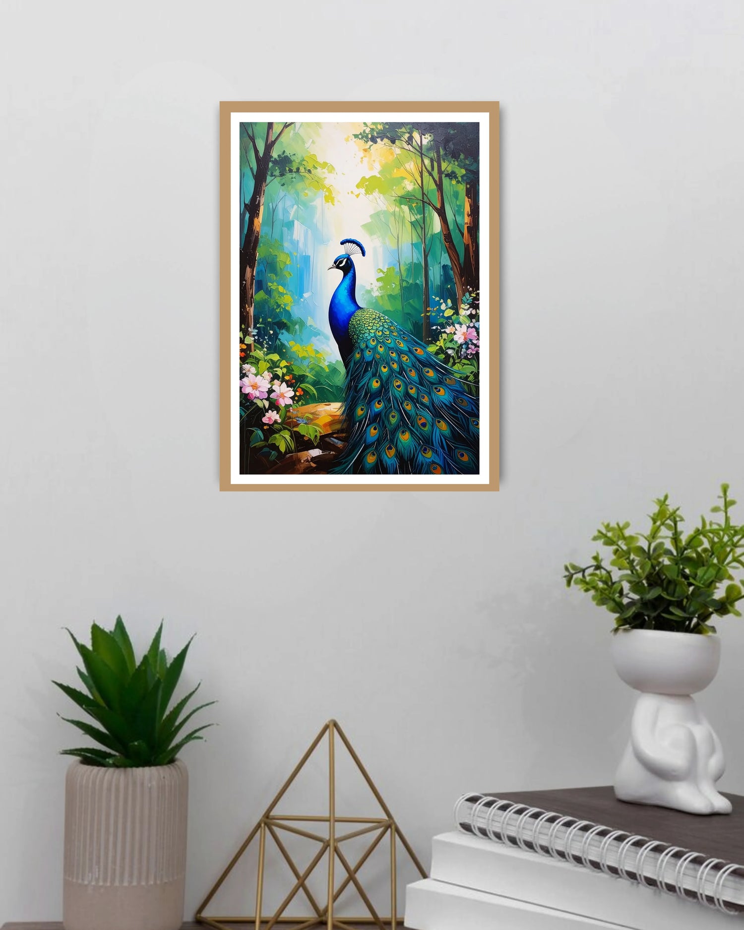 colorful peacock painting displayed in cozy living room interior