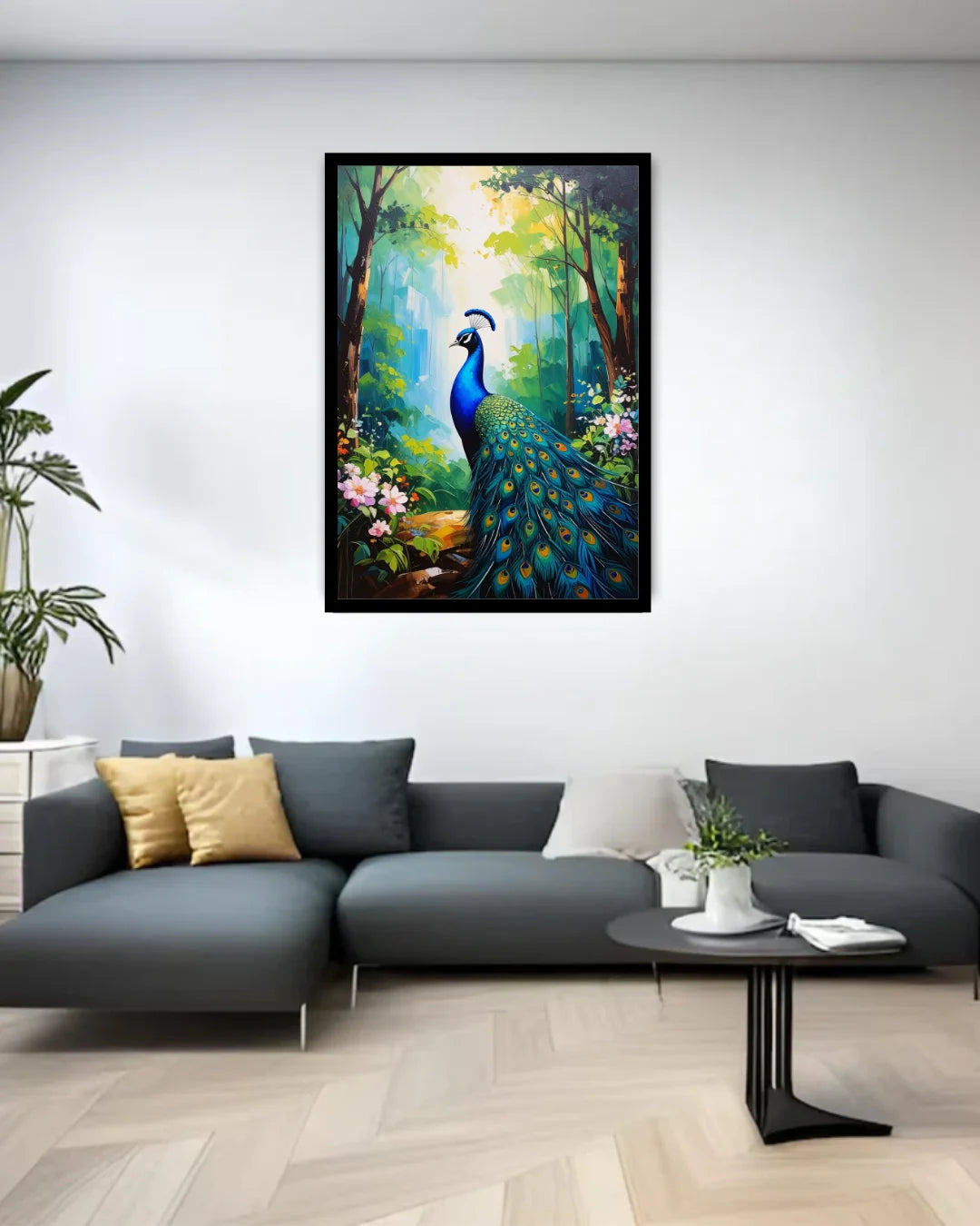 Living room with a peacock painting on the wall