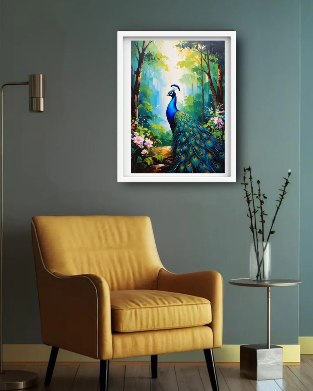 Framed painting of a peacock in a forest scene above a yellow armchair in a room.