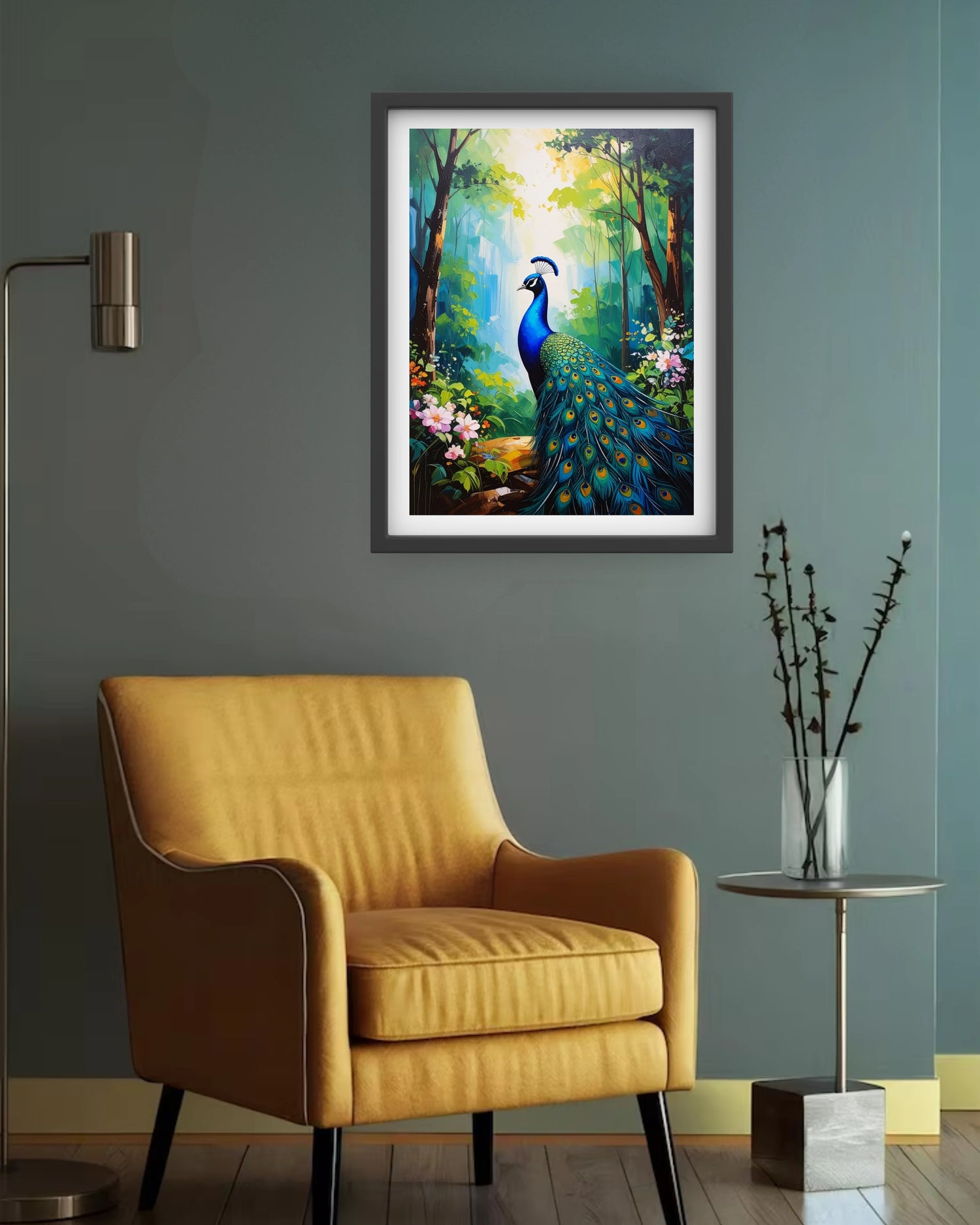 peacock wall painting placed in bedroom with aesthetic interior