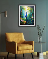 peacock wall painting placed in bedroom with aesthetic interior