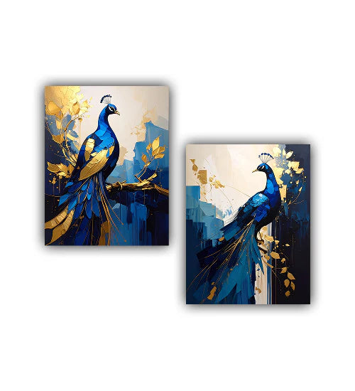Peacock canvas painting set bird wall art with elegant blue tones