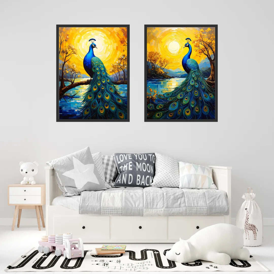 Peacock canvas painting set for living room wall decor with golden glow