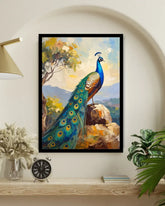 Elegant peacock canvas wall art displayed on an arched wall with indoor plants in a contemporary home
