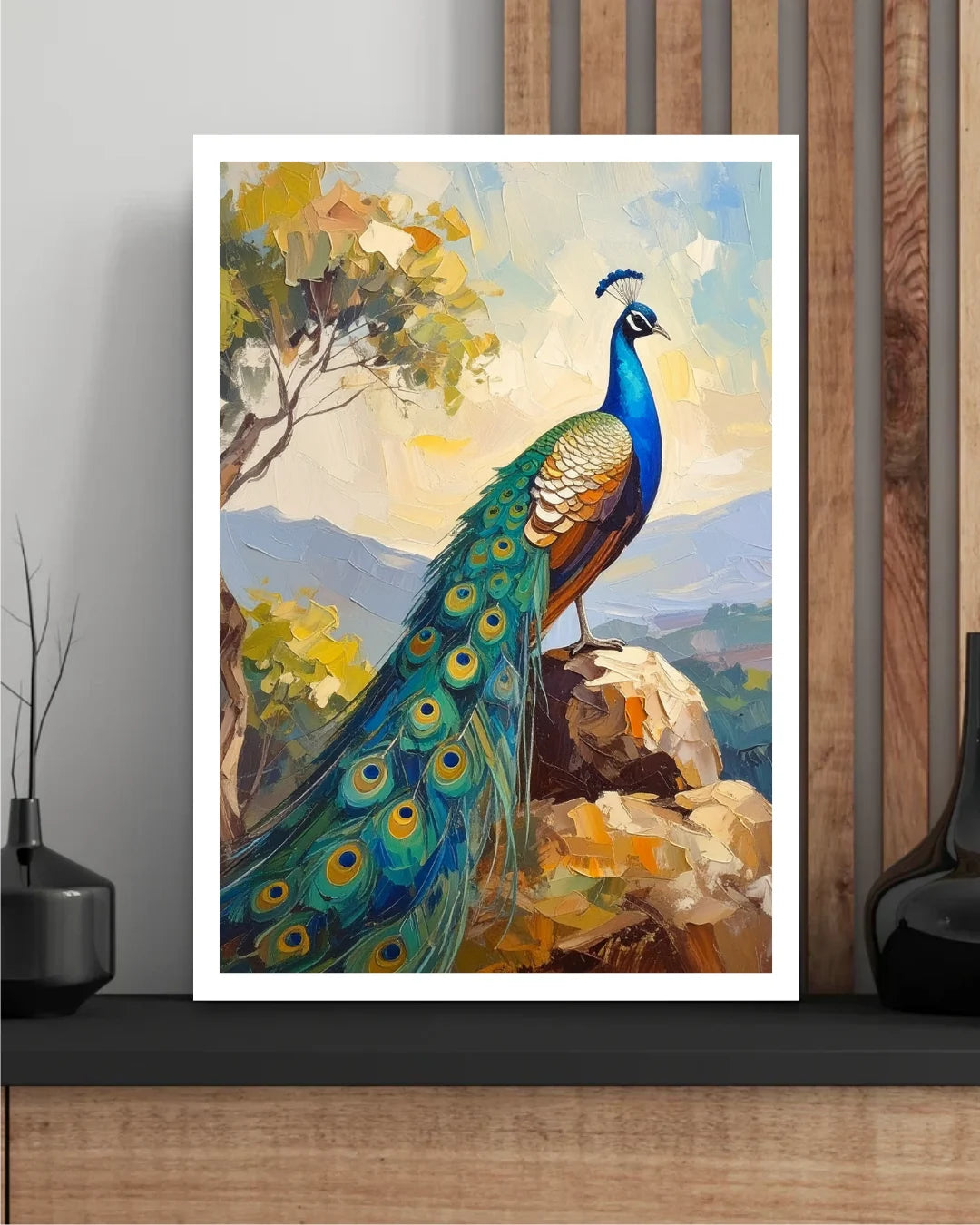 Colorful peacock canvas wall art displayed on a wooden console table in a modern living room