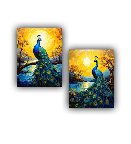Peacock two panel canvas wall art set in artistic design