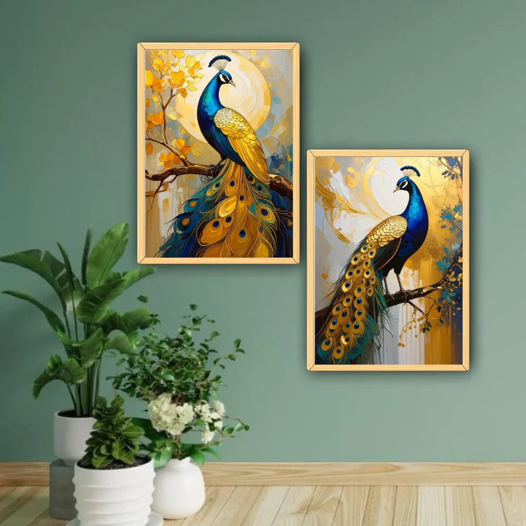 Peacock wall art canvas painting set of 2 with elegant bird design for living room