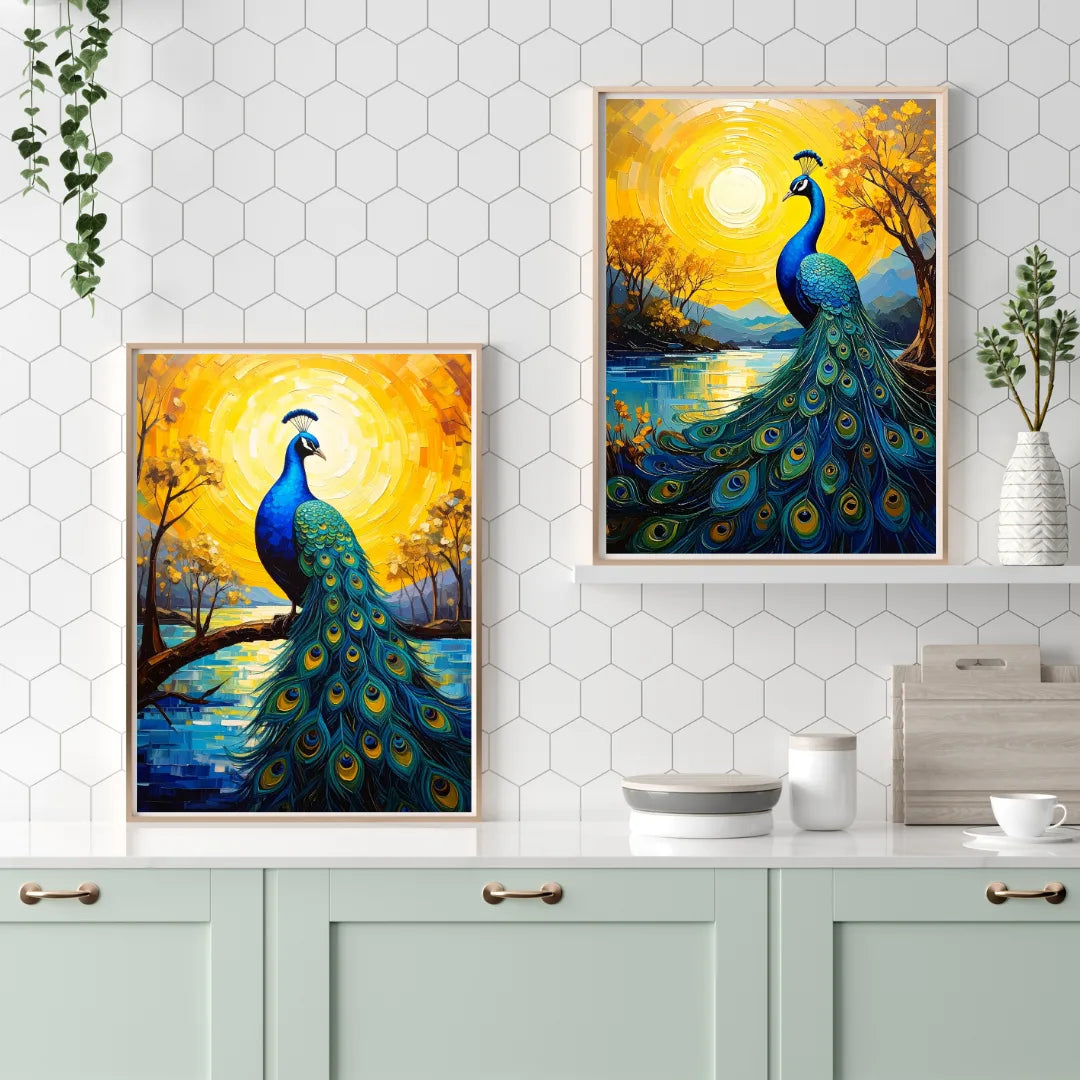Peacock wall art canvas set displayed in home interior