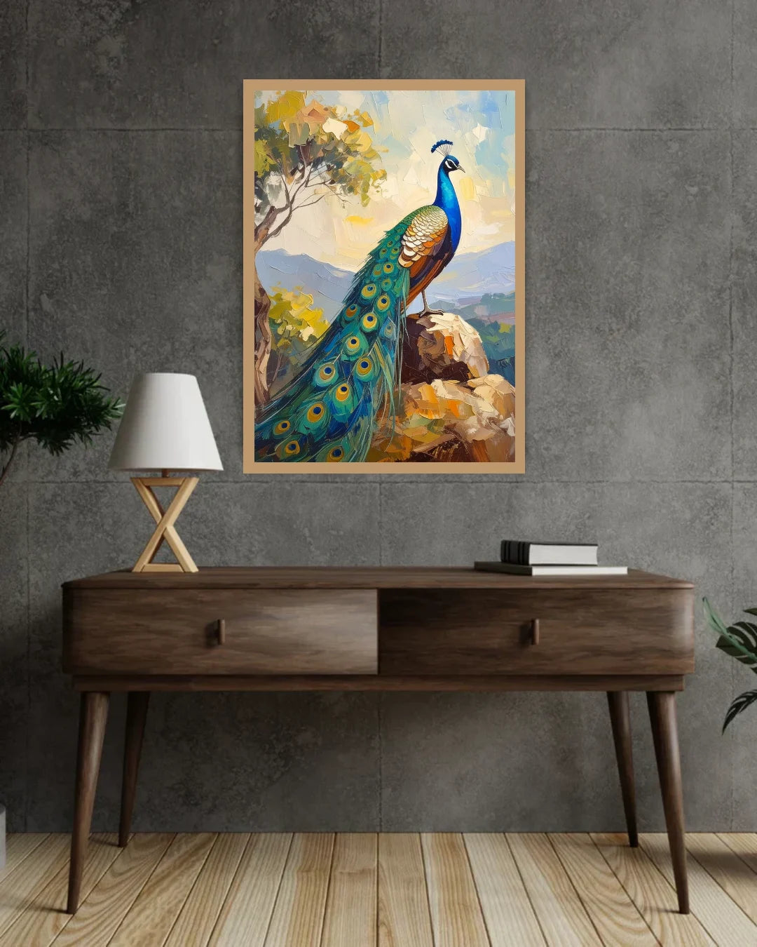 Peacock canvas wall art hanging above a wooden console table with a lamp in a stylish home interior.