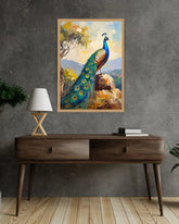 Peacock canvas wall art hanging above a wooden console table with a lamp in a stylish home interior.