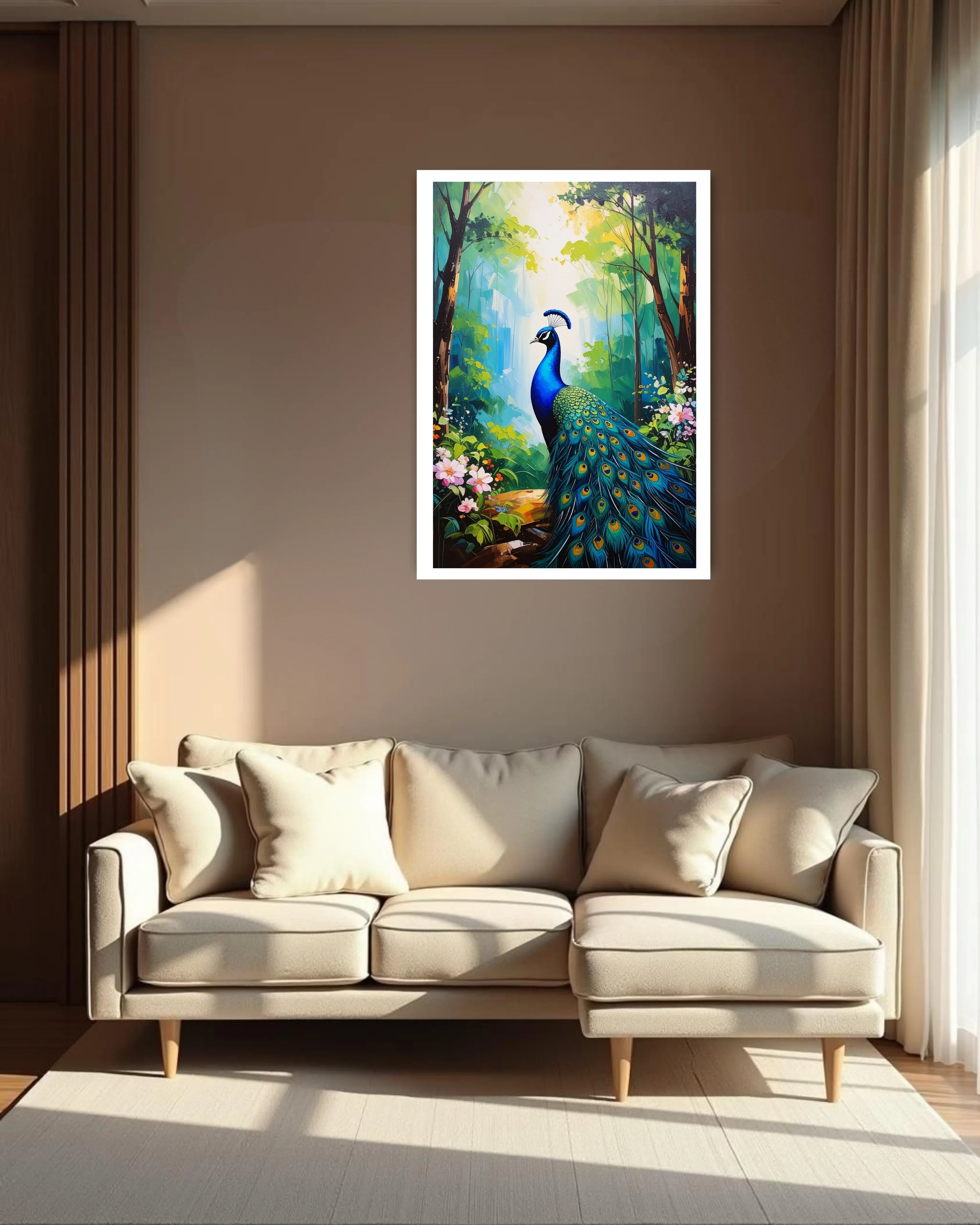 peacock artwork displayed in modern home decor with sofa setup