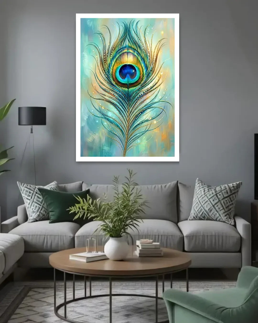 Living room with a peacock feather painting on the wall