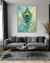 Living room with a gray sofa, round coffee table, and a colorful peacock feather painting on the wall.