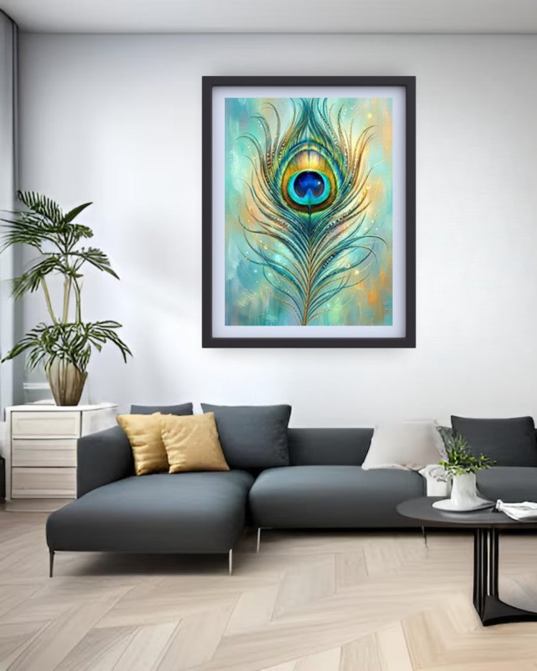 Framed artwork of a peacock feather on a wall above the blue wall and gray sofa