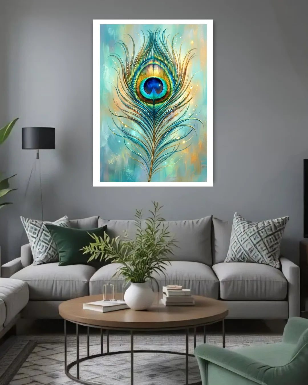 Living room with a peacock feather painting on the wall above a gray sofa.