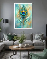 Living room with a peacock feather painting on the wall above a gray sofa.