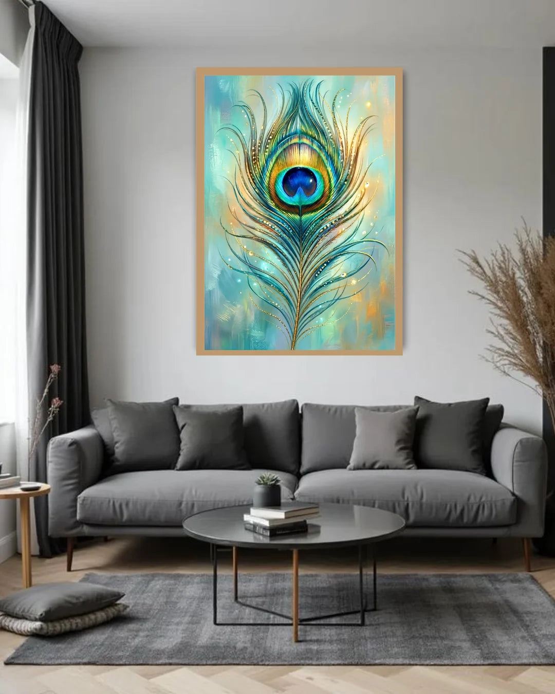 Living room with a gray sofa, round coffee table, and a colorful peacock feather painting on the wall.
