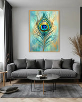 Living room with a gray sofa, round coffee table, and a colorful peacock feather painting on the wall.