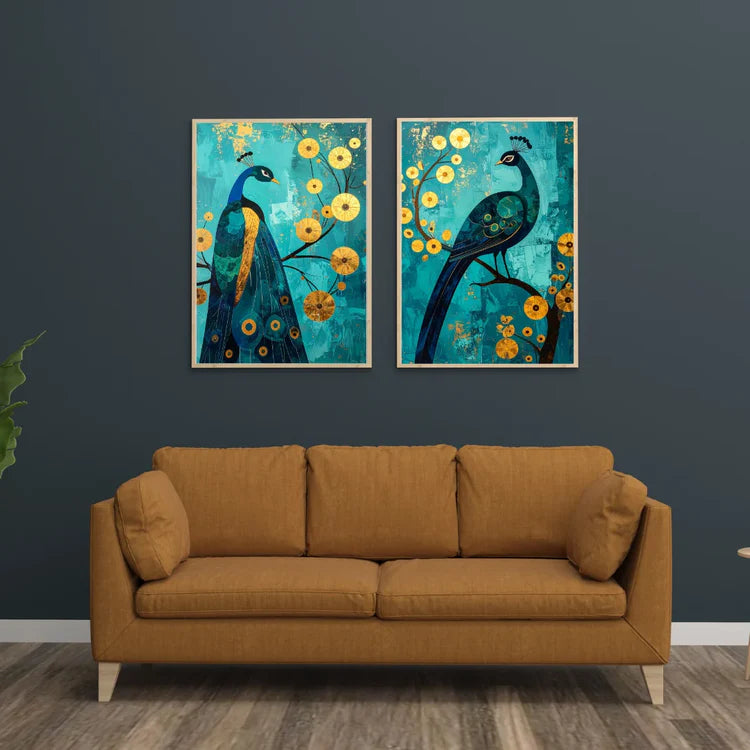 Brown sofa in a room with two framed paintings of peacocks on a blue wall.