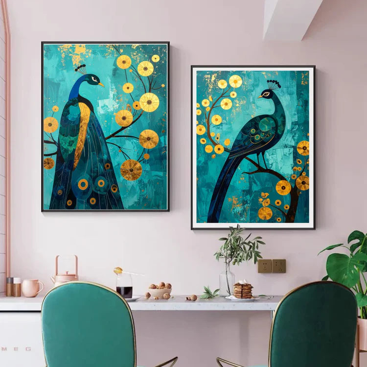 Two framed paintings of peacocks with yellow flowers on a wall above a dining table.