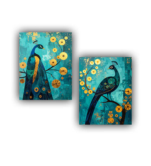 Two paintings of peacocks on a blue background with yellow flowers.