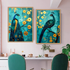 Two framed paintings of peacocks on a wall above a dining table.