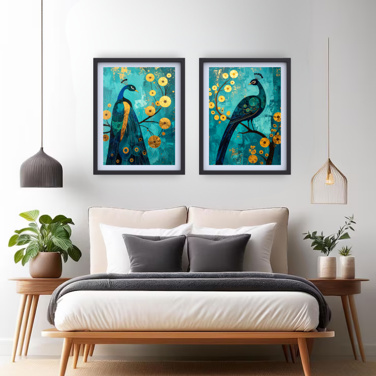 Modern bedroom with a bed, side tables, and wall art of peacocks.