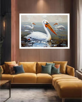 Framed pelican canvas painting showcased in a contemporary living room with stylish furniture.
