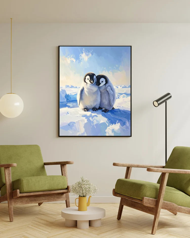 Living room with green armchairs, a small table, and a framed picture of penguins on the wall.