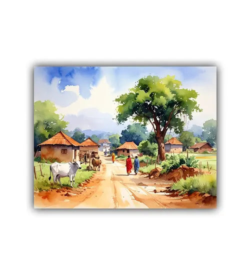 Painting of a rural scene with people, animals, and traditional houses.