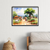 Framed painting of a rural scene with huts and people on a wall above a sofa.