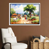 Framed painting of a rural scene on a brown wall above a white armchair and wicker basket.