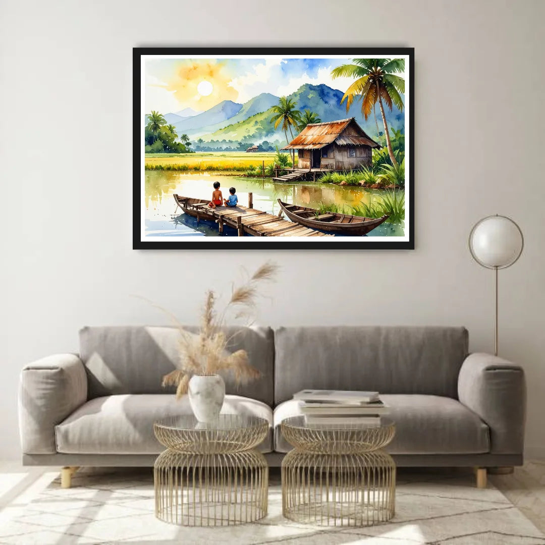 Framed tropical landscape painting above a gray sofa in a living room.