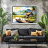 Framed tropical landscape painting above a black sofa with decorative pillows.