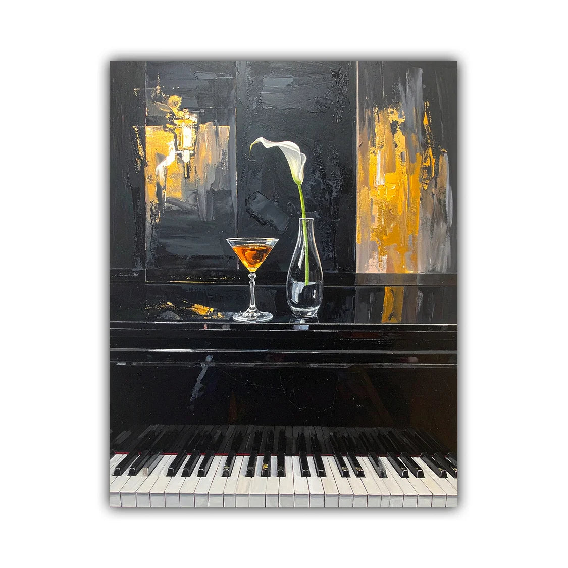 A vertical canvas wall art print depicting an abstract painting of a black piano keyboard with a martini glass and a white calla lily in a vase, set against a dark background with gold and gray brushstrokes.