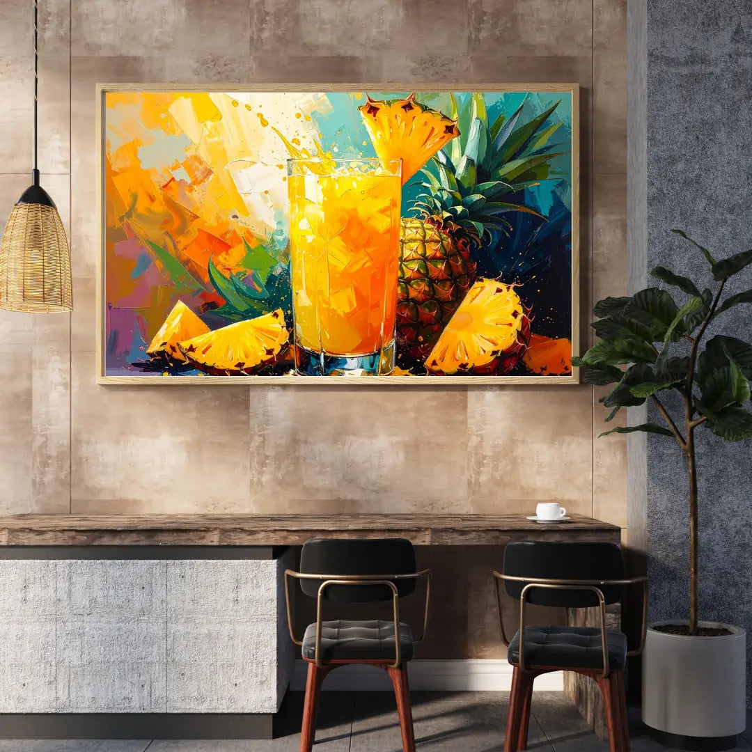 Colorful painting of a pineapple cocktail on a wall above a dining table.