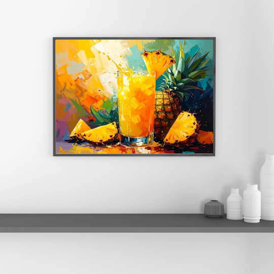 Framed artwork of a glass of orange juice with pineapple slices on a white wall.