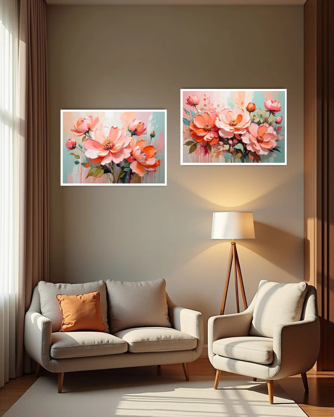 soft pink floral wall art canvas displayed in cozy living room setup