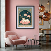 Pink accent living room decorated with pink lotus floral wall art canvas
